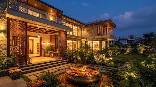 Prestigious Indian Luxury Bungalow in Raipur with Jaali screens and Courtyard